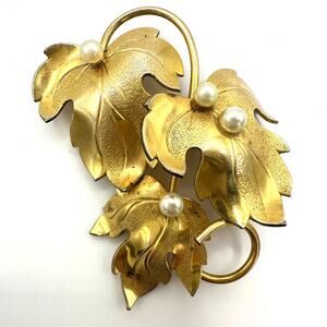 Forstner vintage 12kt gold filled faux pearls leaf leaves brooch pin 11.49g